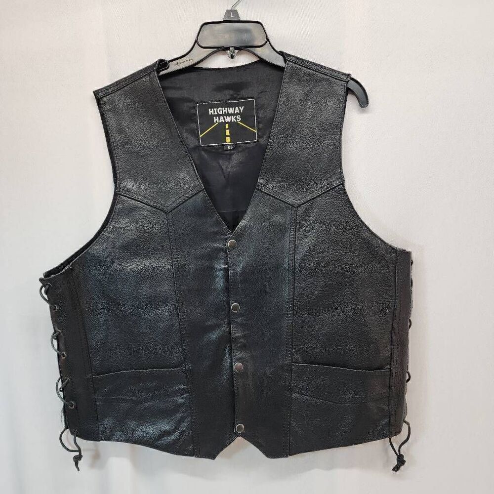 Highway Hawks Men’s Size XL Motorcycle Black Leather Riding Vest Side Ties